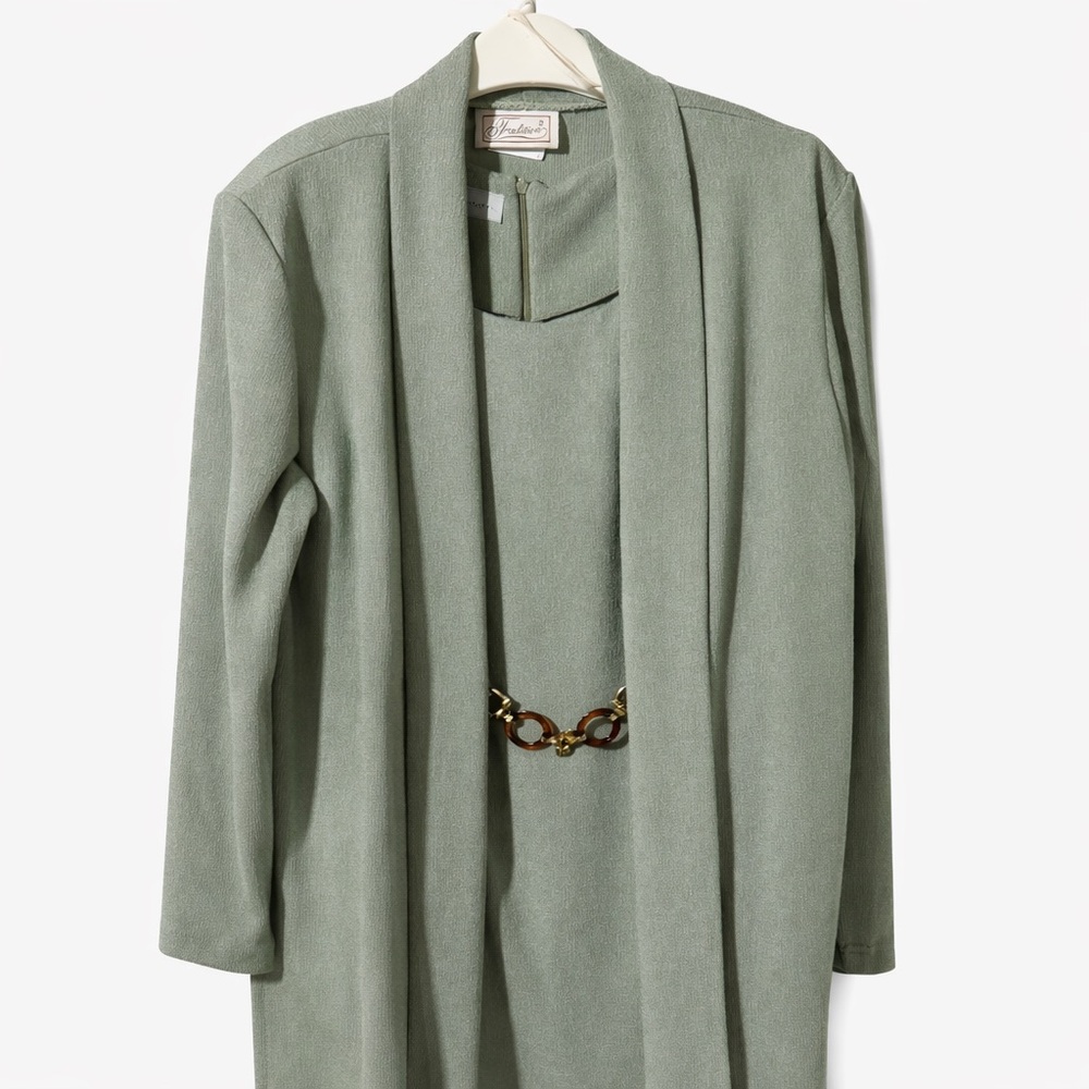 Sage Green Midi Dress with Coordinating Duster and Chain Accent